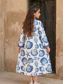 SHEIN Tween Girls' Casual Middle Eastern Arabic Style Seashell Print Robe, Vacation Vibe - Blue - View 2