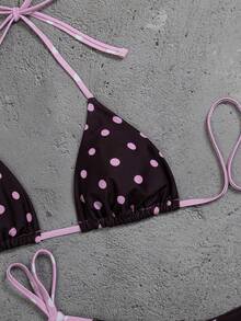 Swim Mod Women's Summer Beach 2 Pieces Polka Dot Random Print Tie Strap Triangle Cup Matching Reversible Triangle Bottoms Sexy Bikini Set - Multicolor - View 5