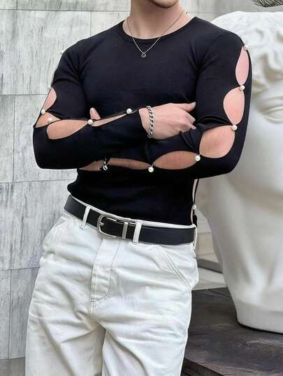 Manfinity Dauomo 男士纯色圆领镂空仿珍珠装饰时尚百搭通勤短袖T恤