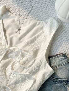 Sweetra Elegant French Textured Jacquard Fabric Tie-Front Design Casual Versatile Commuter Blazer For Women, Summer - White - View 4