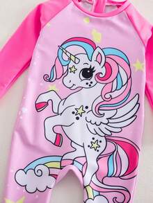 SHEIN Sparklyn Adorable Unicorn Print Long-Sleeved And Long-Legged Swimsuit For Baby Girls, Available In Pink And Fuchsia Colors. Perfect For Summer And Vacation Wear, This Toddler Beachwear Set Also Includes Sun Protection Options. Features Include Unicorn Print, Long Sleeves, And Cartoon Print. - Hot Pink - View 6