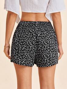 Coeurva 女士高腰宽松梭织短裤，印花图案，春季西部风波西米亚乡村休闲度假短裤 - 黑與白 - 查看 3