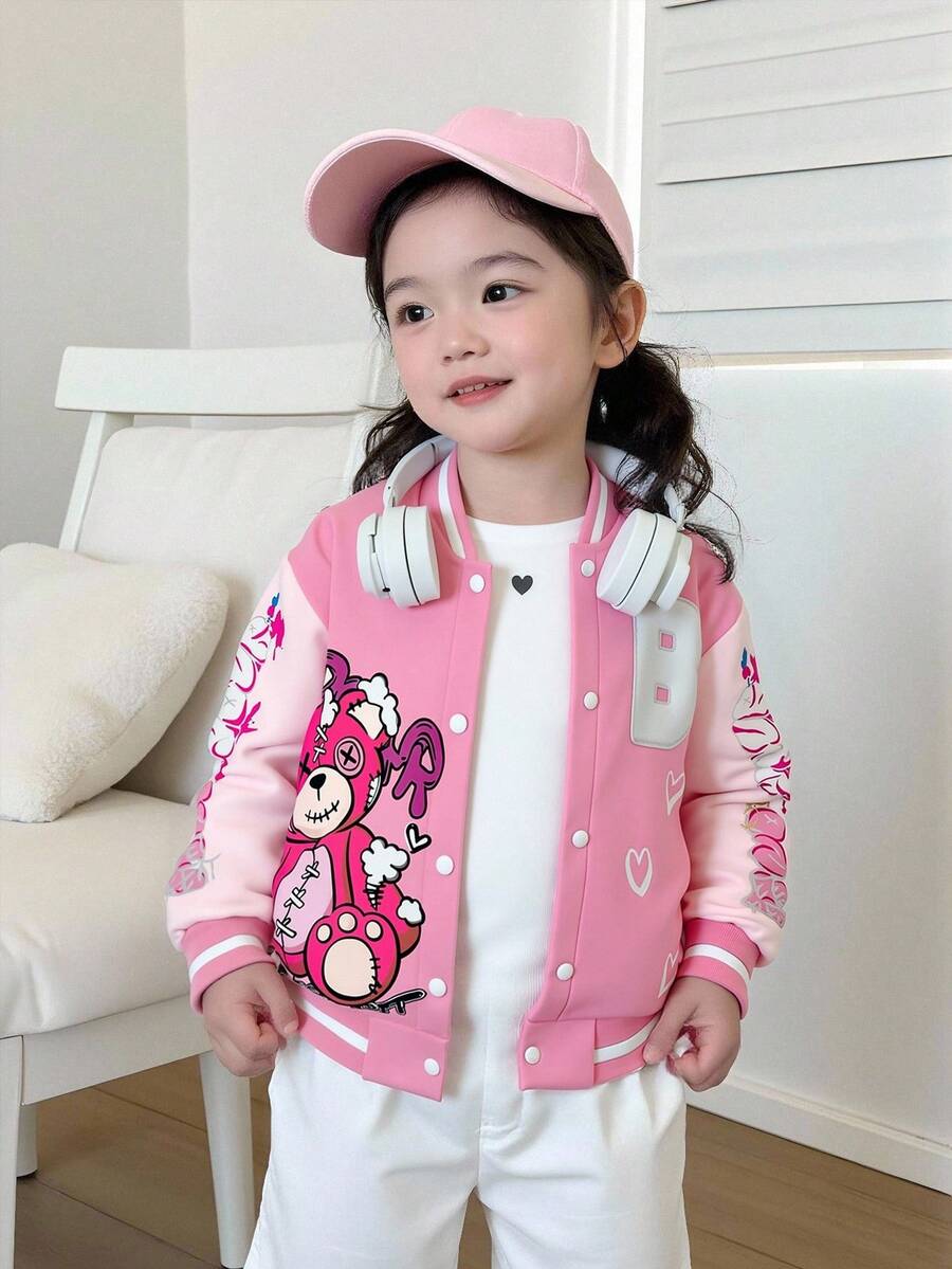 SHEIN Sparklyn Young Girls Adorable Pink Regular Length Jacket Feature Cartoon Print Baseball Collar Long Sleeves And Tight Hem - Pink - View 1