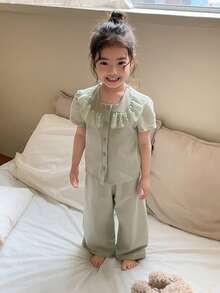 DAZY 女童蕾丝荷叶边休闲长袖上衣和裤子两件套睡衣