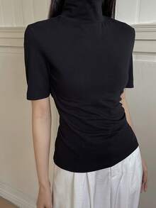 Livesso Women's Loose Casual Business Office Wear Black Turtleneck Short Sleeve T-Shirt, Suitable For Spring And Summer