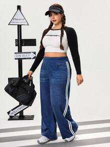 Flexra Plus Size Women High Waist Pockets Wide Leg Loose Side Stripe Fashion Casual Jeans - Dark Wash - View 6