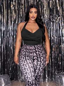 Slaydiva Bodysuit Rajut Hitam Kasual Tanpa Lengan Model Halter Neck Ukuran Plus dengan Detail Lipatan - Hitam - View 7
