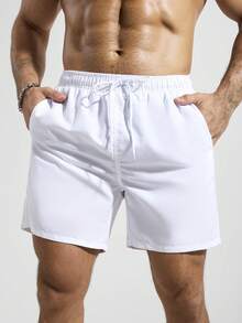 Manfinity Swimmode 男士纯色抽绳休闲沙滩短裤 - 白色 - 查看 4
