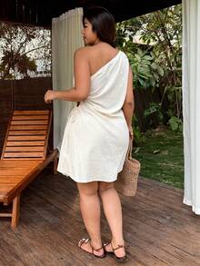 SHEIN EZwear 加大码不对称领口杏色迷你连衣裙，饰有打结细节，休闲夏季风格，单肩单袖设计，夏季连衣裙，米色连衣裙，度假连衣裙 - 杏色 - 查看 2