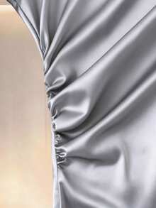 Modelyn 优雅纯色高品质缎面褶皱蝴蝶结腰部长袖女式衬衫 - 藍色 - 查看 7