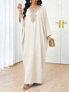 SHEIN Lady 女士花卉刺绣V领蝙蝠袖宽松优雅连衣裙 - 米色 - 查看 4