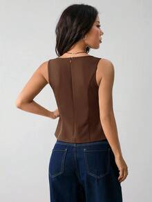 SHEIN PETITE Áo đen thời trang mùa hè dành cho nữ, thiết kế cao cấp - Cà phê nâu - Xem 3