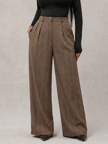 Radiana Women's Minimalist Fashion Brown Houndstooth Loose Wide Leg Pants, Commuter Pants, Brown Wide Leg Pants, High Waist Wide Leg Pants, Brown Suit Pants, Brown High Waist Pants Trousers, Loose Casual Pants, Business, Retro, Party, Holiday, Outing, Old Money Style Clothing,Spring To Summer, - Multicolor - View 4