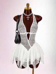 Amplova Đầm ngắn cổ chữ V sâu, hở lưng, phối ren, vạt bất đối xứng, kiểu dáng ngọt ngào và thanh lịch. - trắng - Xem 2