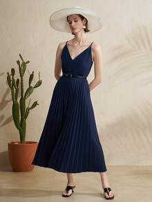 Airaco Women's Casual Pleated Solid Color Slip Dress - Navy Blue - View 5