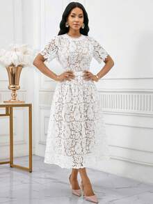 SHEIN Lady 女士优雅水溶蕾丝透视短袖连衣裙，夏季 - 彩色 - 查看 5