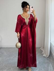 Elenzga Đầm nữ thanh lịch, thời trang, thoải mái, quyến rũ, cổ điển tối giản, cao cấp, lãng mạn, thích hợp cho kỳ nghỉ, tay dài, cổ chữ V, phối ren eo, dáng chữ A, đính kim tuyến, màu trơn. - Đỏ - Xem 1