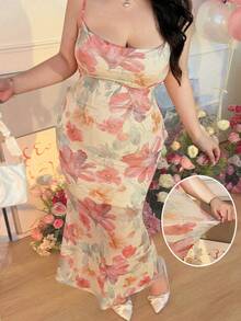 SHEIN CovetEZ Váy ôm in họa tiết tie-dye thanh lịch cỡ lớn, phù hợp cho mùa xuân và mùa thu - Màu vàng ngỗng - Xem 2