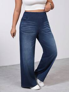 SHEIN Tall CURVE 高个加大码夏季和冬季女式高腰修身舒适弹力直筒宽松牛仔裤 舒适高弹针织直筒牛仔裤 - 深色水洗藍 - 查看 5
