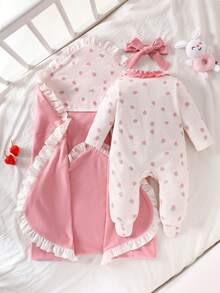 SHEIN 3件套新生女宝宝套装，草莓印花长袖连体衣，双面襁褓毯，甜美可爱，适合作为新生儿礼物或婴儿洗礼礼物