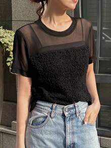 FRIFUL Camiseta de mujer de verano de unicolor, con parches de malla transparente, ajuste ceñido y versátil - Negro - Ver 7