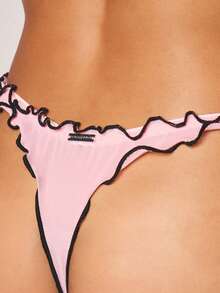 Missguided x Playboy Ruffle Trim Mesh Thong With Contrast Black Binding Detail And Small Bow Accent For Intimate Occasions - Pink - View 2