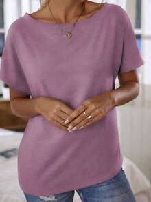 Calvaya Kaos Lengan Pendek Kasual Serbaguna dengan Kerah Asimetris Warna Polos - Purple - View 5