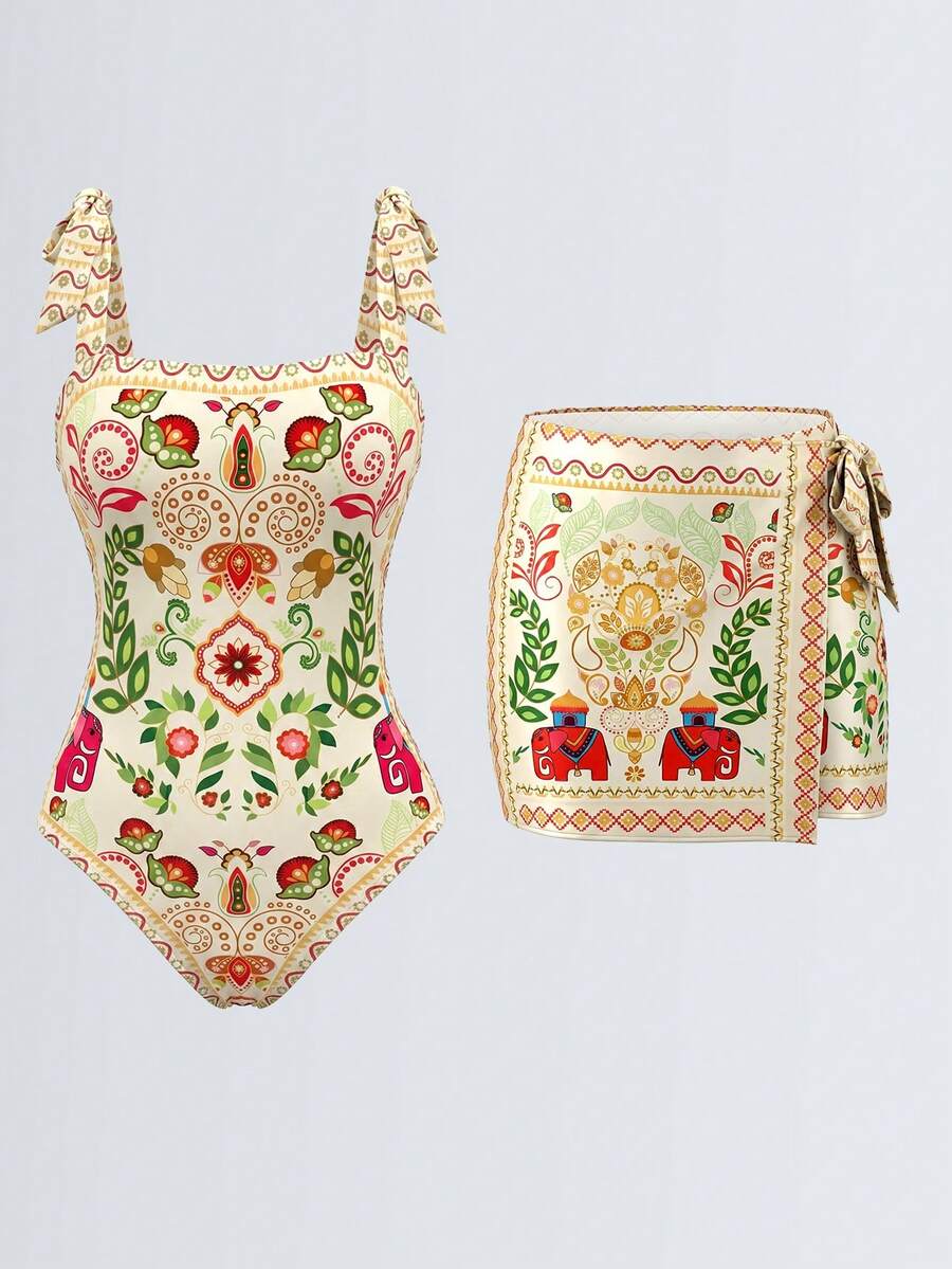 Swim Oasis 2pcs/Set Positioning Print Strap Top & Positioning Print Skirt, Summer Outfit - Multicolor - View 1
