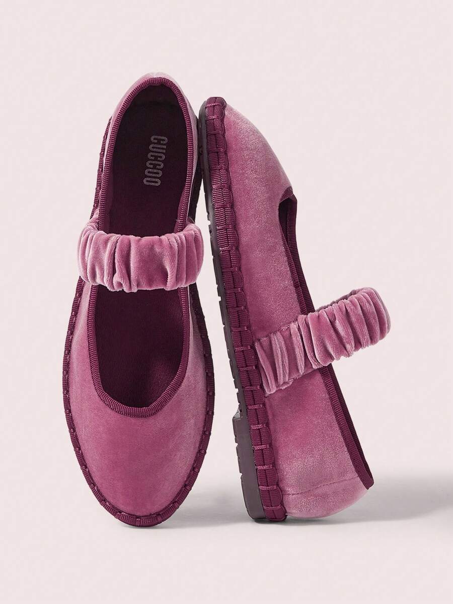 CUCCOO DOLLMOD Women's Bright Orange Elegant Velvet Classic Comfortable Velvet Pleated Elastic Mary Jane Flat Shoes Spring Shoes - Rusty Rose - View 1