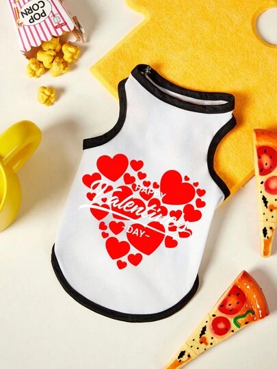 PETSIN 1件红色碎爱印花宠物背心，黑色滚边，白色透气亲肤宠物服装