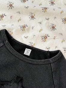 SHEIN Teen Girls' Distressed Washed Grey Star Print Short Sleeve Crop Top With Frayed Hem, Street Style Tween Girl Clothes Cute Tops Black Tops Teen Girl Clothes School Tops - Dark Grey - View 4