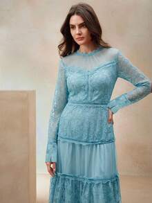 Anewsta Vestido de estilo princesa con detalles de diseño, de malla transparente con encaje de contraste, calado y bordado en la cintura acampanada - Azul - Ver 6