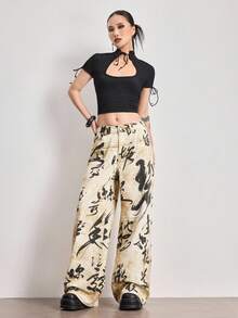 ROMWE Avant Quần jeans ống đứng dáng rộng, dài quá khổ, phong cách Trung Hoa cổ điển, màu nhuộm bạc, kiểu Trung Hoa mới. - Nhiều màu - Xem 7