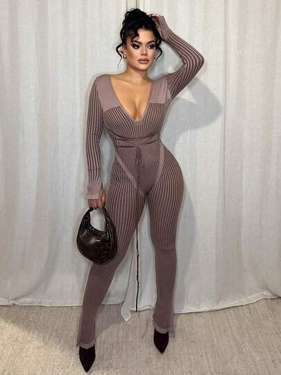 Dayanna Comas Low Neckline Corseted Waist Knit Jumpsuit