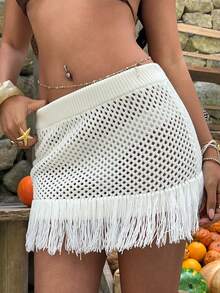 Sunnyshic 女士白色紧身迷你裙，夏季性感流苏镂空休闲百搭裙 - 杏色 - 查看 1