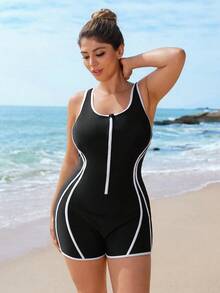 Swim SPRTY Áo tắm liền thân không tay phối màu đen trắng dành cho nữ cỡ lớn, có khóa kéo phía trước, giúp định hình và làm thon gọn vóc dáng, phù hợp cho lướt sóng, kỳ nghỉ biển, hồ bơi, bãi biển. - Đen và trắng - Xem 1