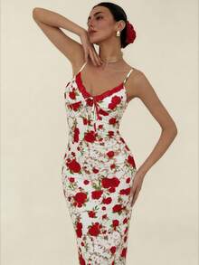 Aloruh Damen Valentinstag Spitze Patchwork Rose Muster Kleid - Rot - Übersicht 1