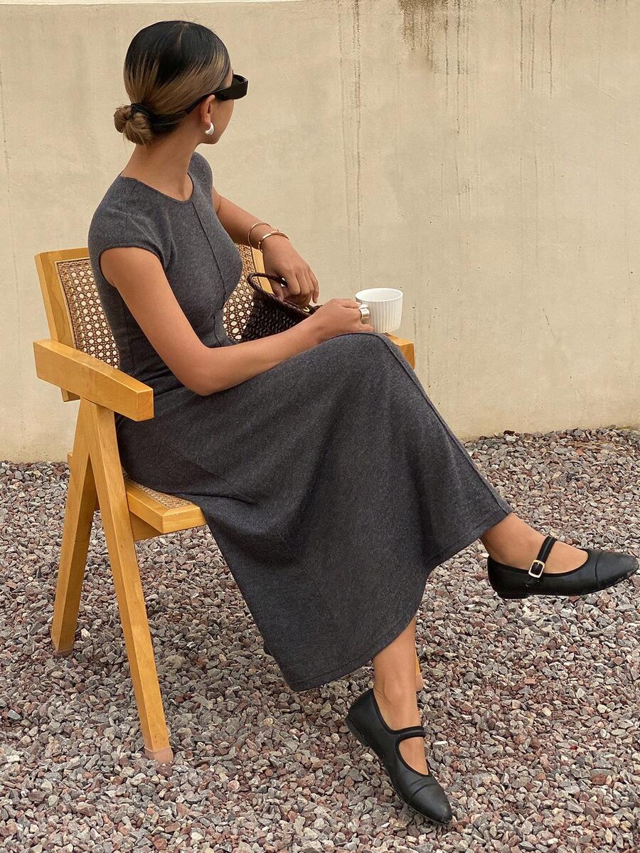 DAZY Vestido de verano de mujer elegante de unicolor, cuello redondo, sin mangas y de largo medio - Gris - Ver 1
