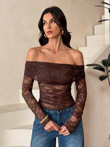 SHEIN Tall 性感透视蕾丝拼接露肩长袖T恤，浪漫情人节约会必备；女士性感褶皱透视常规袖露肩修身咖啡棕色纯色女式上衣；春秋季休闲日常穿着 - 咖啡棕 - 查看 9