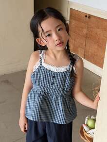 DAZY Young Girls 2 In 1 Korean Style Plaid Contrast Color Lace Patchwork Ruffle Hem Sleeveless Camisole Shirt Summer - Blue - View 5