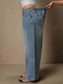 Freevana Plus Size Casual Washed Rhinestone Decor Wide Leg Jeans, Summer, Summer, Spring, Spring Women, Carnival, Carnival Costume, Party , Beach , Going Out, For Date, Party, Cocktail, Formal Events, Vacation, Office, Work, Commute, Wedding Guest, And Western Festival - Blue - View 8