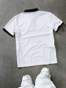 PAVTROS Men's Contrast Color Block Collar Short Sleeve Casual Summer Polo Shirt - White - View 2
