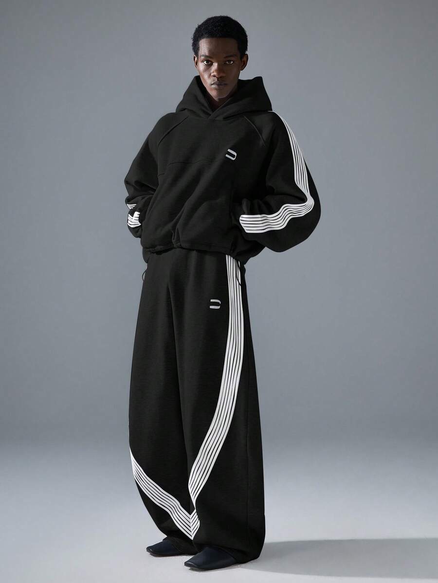 NEON BLANC 男士街頭時尚刺繡黑色針織連帽衫,大廓型街頭穿搭,復古 Y2K 寬鬆街頭風,適合度假 - 黑色 - 查看 1