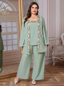 Reflora Completo da donna taglie forti, 2 pezzi, elegante outfit con decorazioni in strass viola, adatto per feste, autunno/inverno - Verde - Visualizzare 6