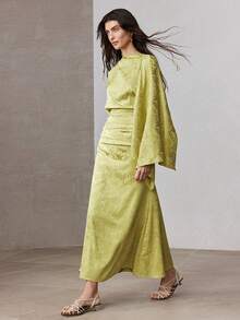 ZEYLAH Jacquard Asymmetric Shoulder Fitted Mid-Length Dress, Spring - Green - View 5