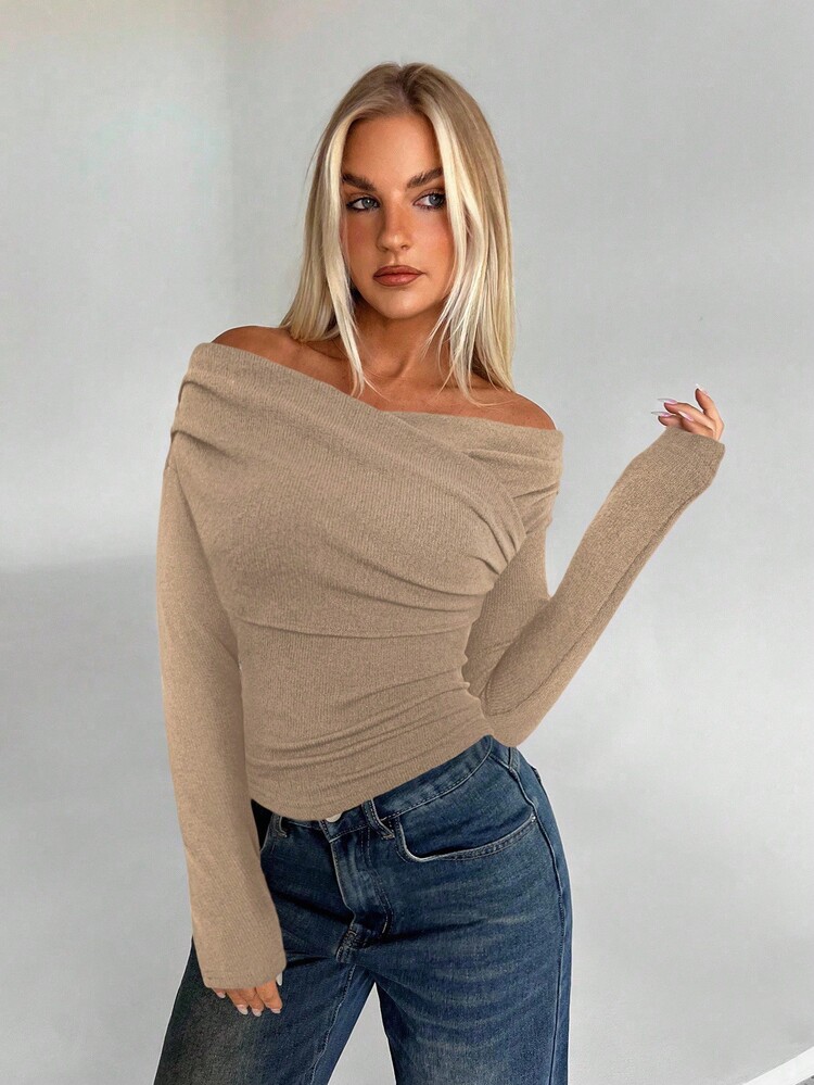 Aloruh Coffee Color Faux Fur Off-Shoulder Long Sleeve Knit Top - Khaki - View 5