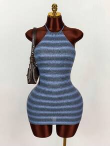 Amplova 女士性感露背吊带条纹迷你连衣裙，夏季 - 藍色 - 查看 2