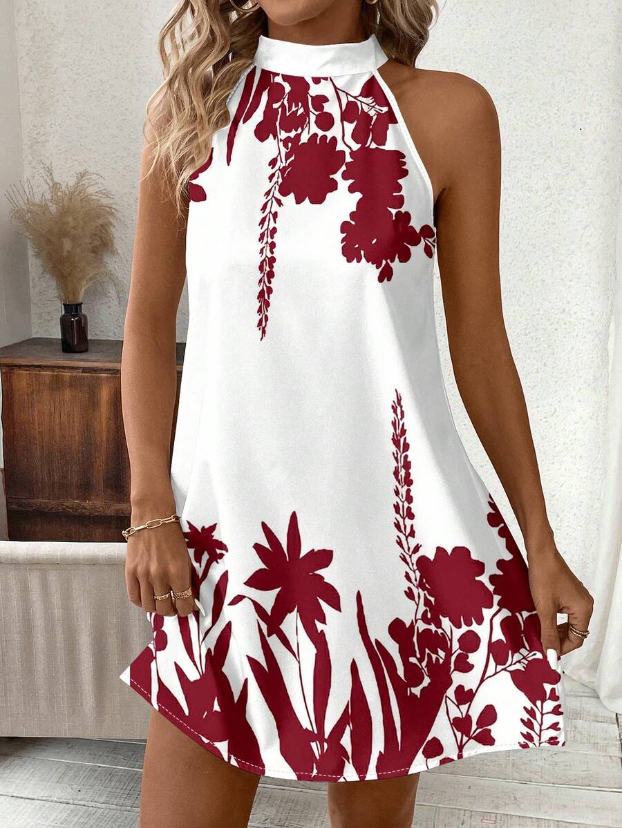 SHEIN Clasi Đầm cổ yếm in họa tiết cây cỏ dành cho nữ, thích hợp cho kỳ nghỉ. - Đỏ và trắng - Xem 1
