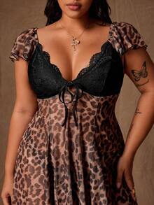 Rustia Elegant Sexy Lace Leopard Print Sheer Fitted A-Line Mini Dress, Cute Plus Size - Coffee Brown - View 5