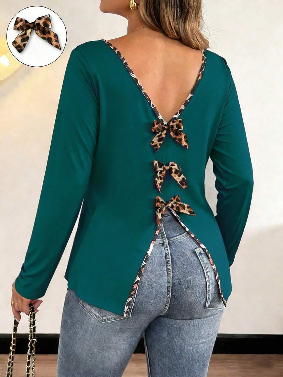 Vionelle Stylish Plus Size Plain Green Long Sleeve T-Shirt Featuring Deep V Neck And Leopard Print Bow Split Back Detail - Green - View 1